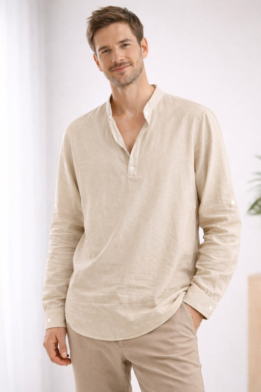 Camisa Henley Hombre Cuello Banda Manga Larga - Mavetta
