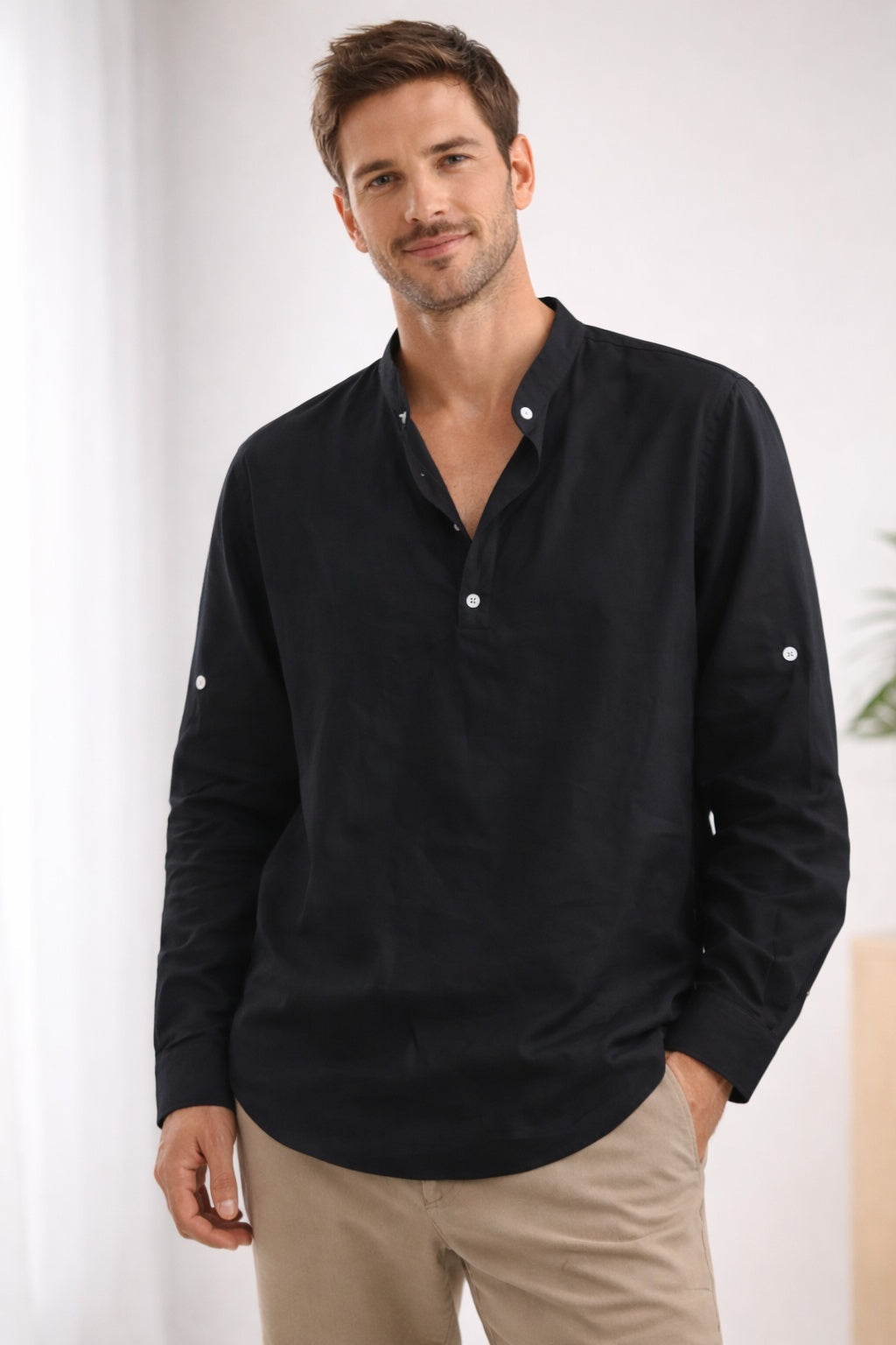 Camisa Henley Hombre Cuello Banda Manga Larga