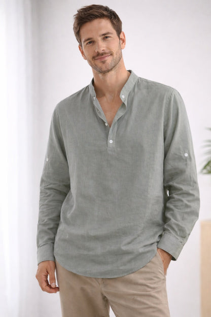 Camisa Henley Hombre Cuello Banda Manga Larga