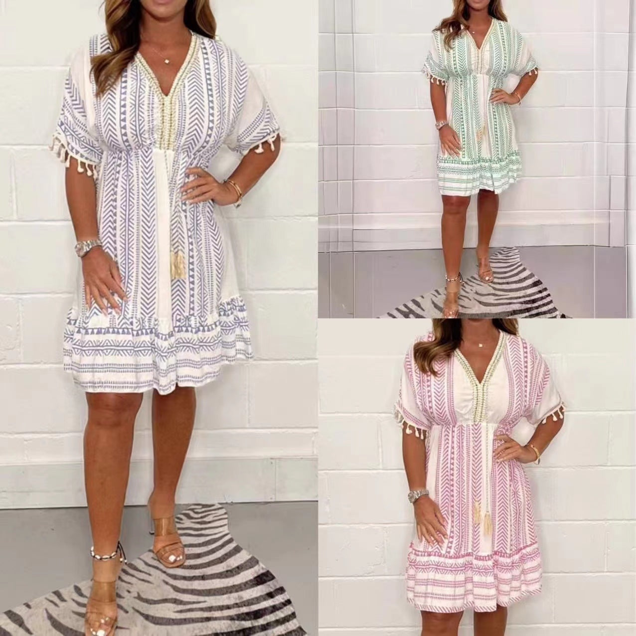 Vestido Corto Mujer Estampado Étnico Escote en V Boho