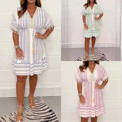 Vestido Corto Mujer Estampado Étnico Escote en V Boho