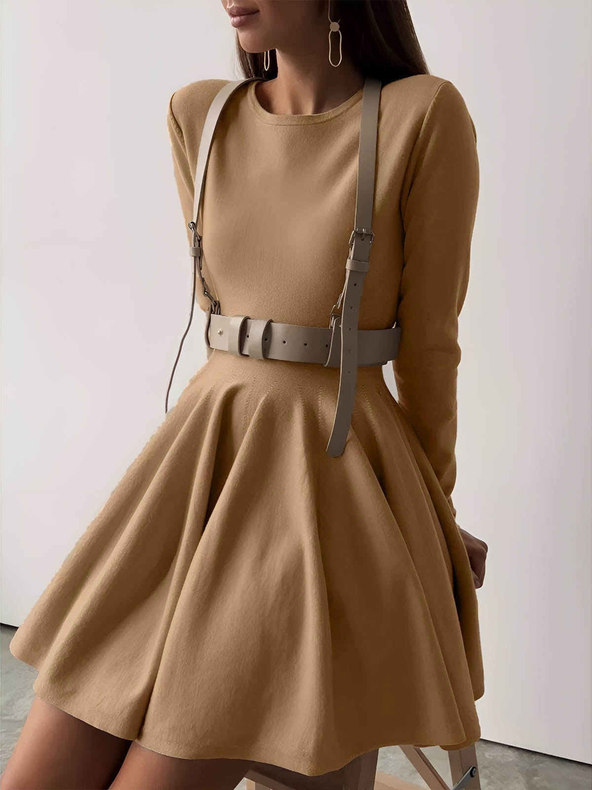 Vestido Corto Mujer de Punto Plisado Manga Larga
