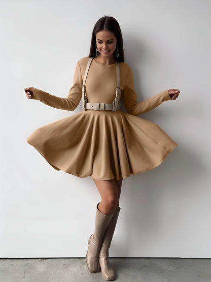 Vestido Corto Mujer de Punto Plisado Manga Larga