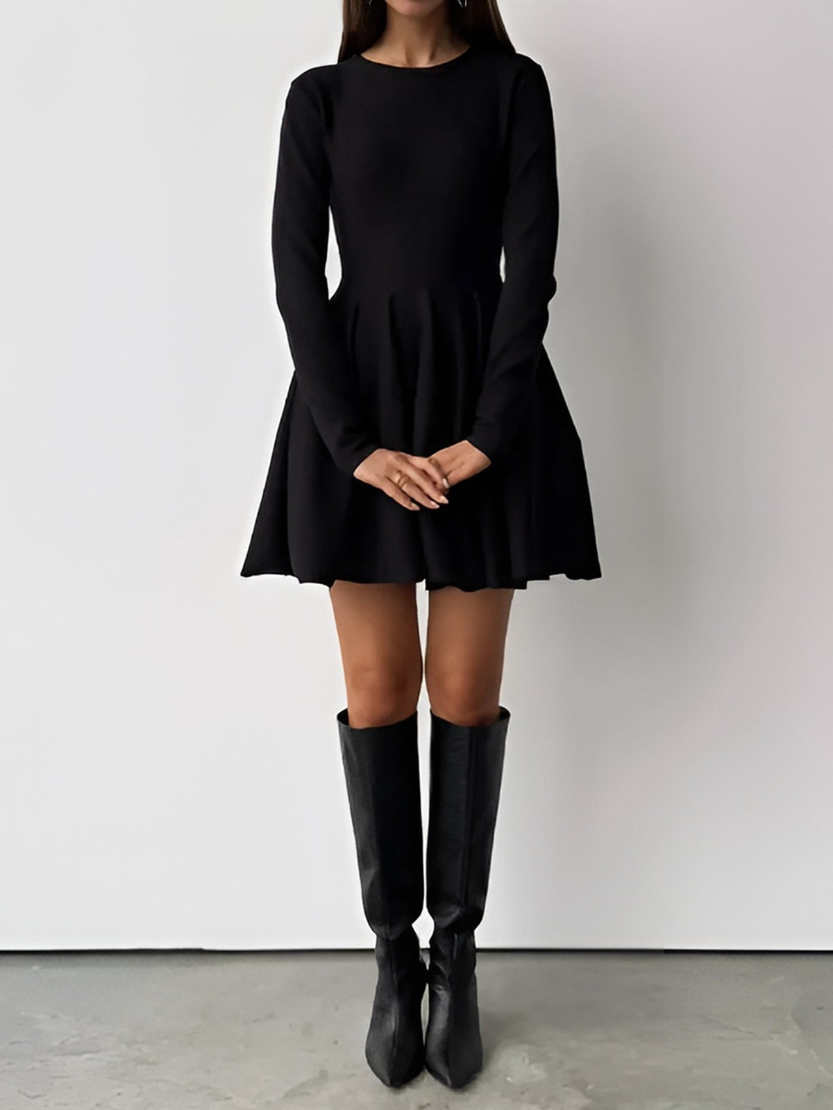 Vestido Corto Mujer de Punto Plisado Manga Larga