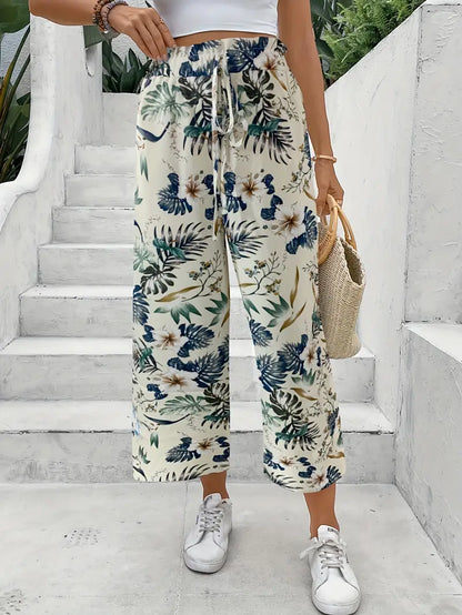 Pantalón Mujer Estampado Tropical Corte Ancho