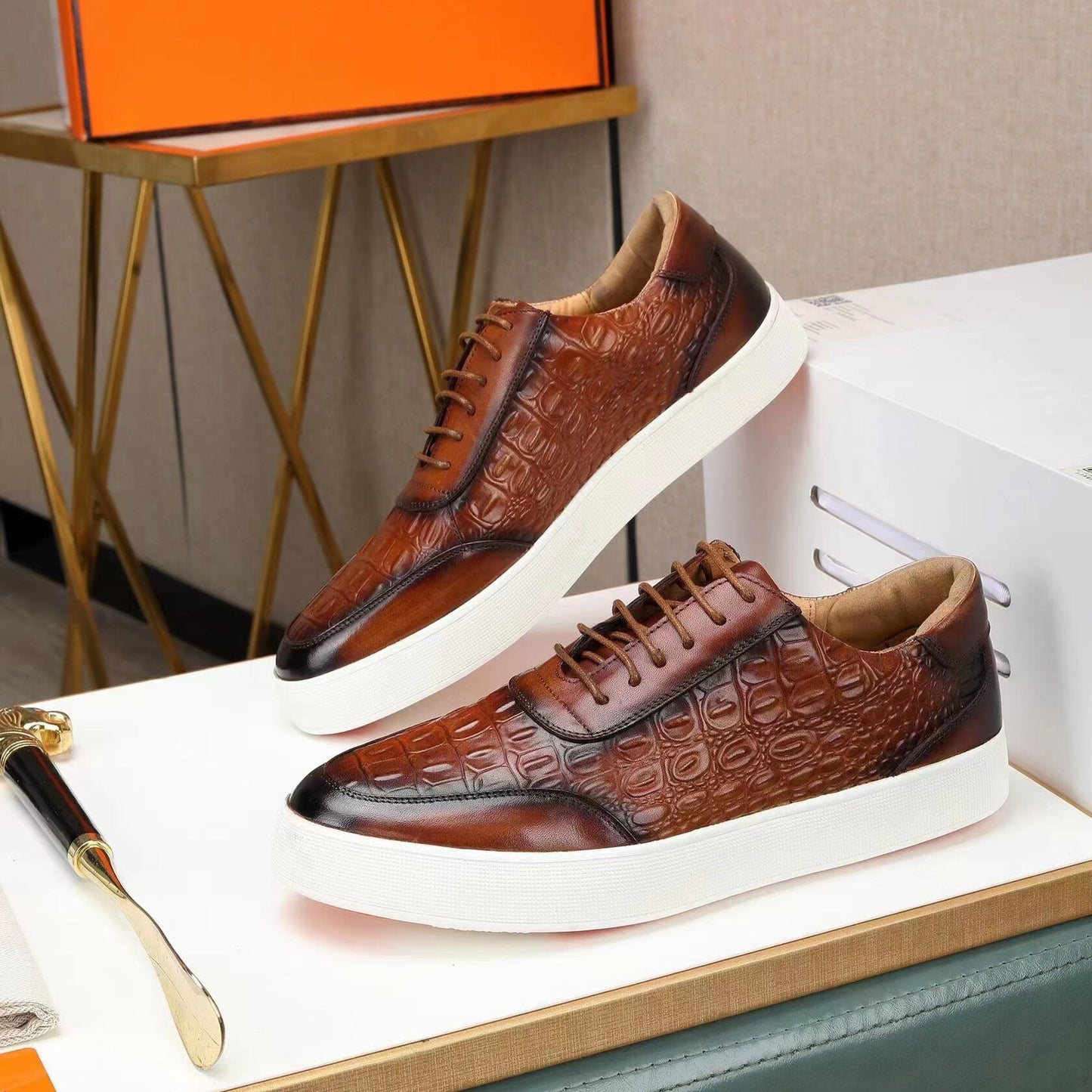 Zapatos Hombre de Cuero Grabado Cocodrilo Suela Goma Cordones