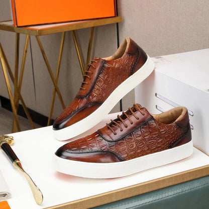 Zapatos Hombre de Cuero Grabado Cocodrilo Suela Goma Cordones