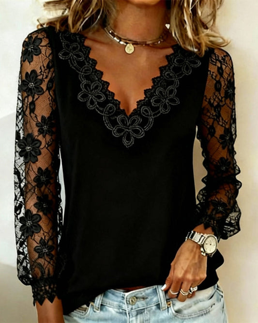 Blusa Mujer de Encaje Manga Larga Escote en V - Mavetta