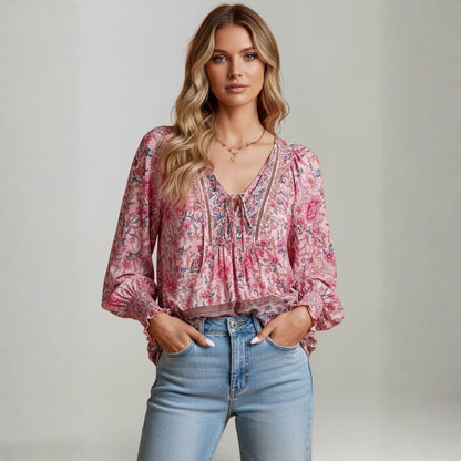Blusa Mujer Estampado Floral Escote en V Lazo estilo Boho