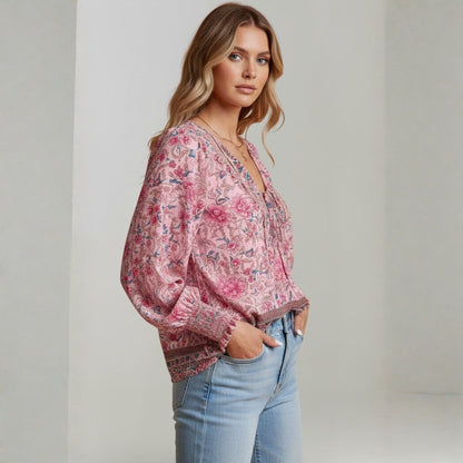 Blusa Mujer Estampado Floral Escote en V Lazo estilo Boho