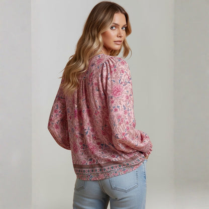 Blusa Mujer Estampado Floral Escote en V Lazo estilo Boho