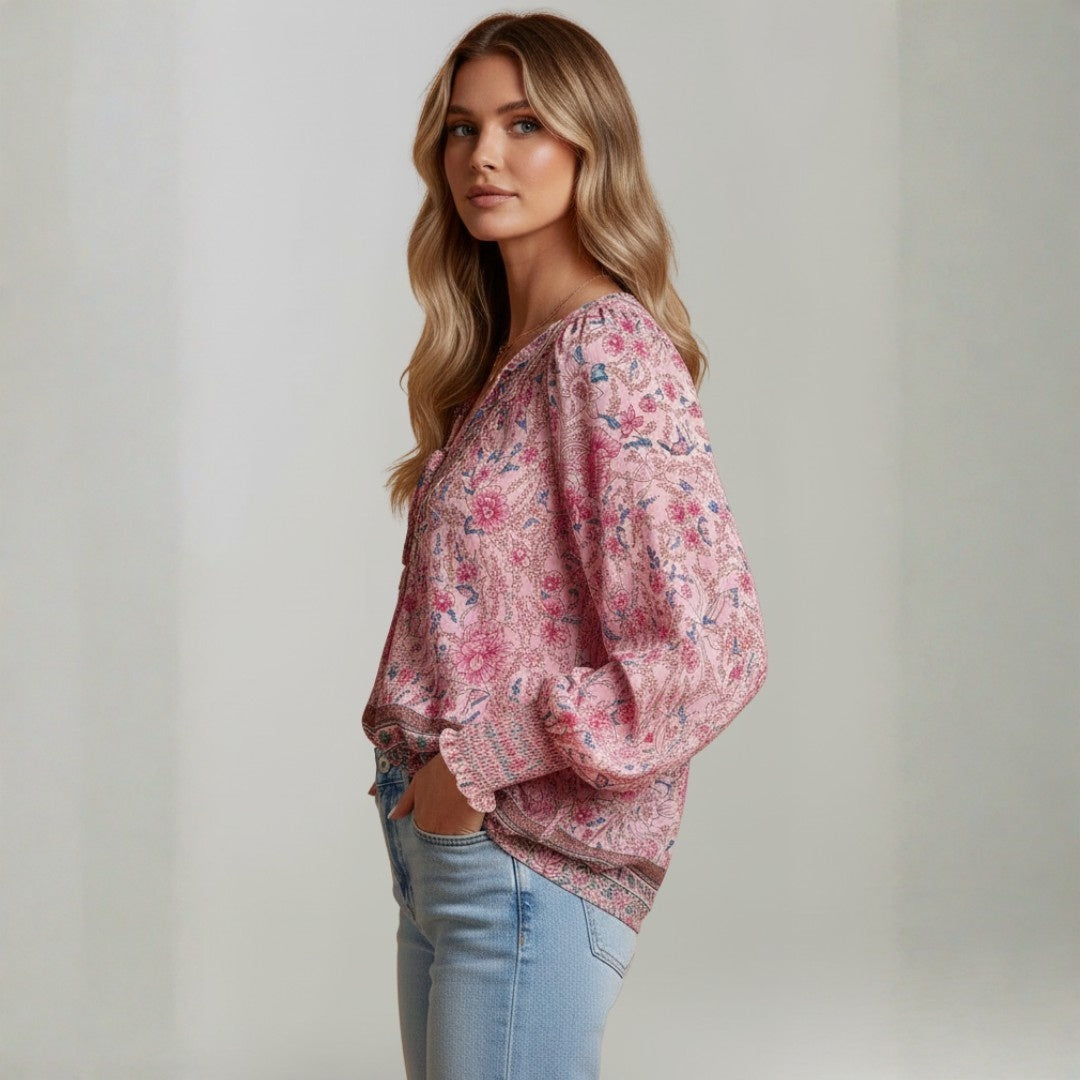 Blusa Mujer Estampado Floral Escote en V Lazo estilo Boho