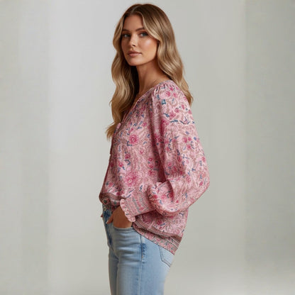 Blusa Mujer Estampado Floral Escote en V Lazo estilo Boho
