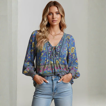 Blusa Mujer Estampado Floral Escote en V Lazo estilo Boho
