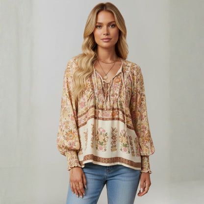 Blusa Mujer Estampado Floral Escote en V Lazo estilo Boho