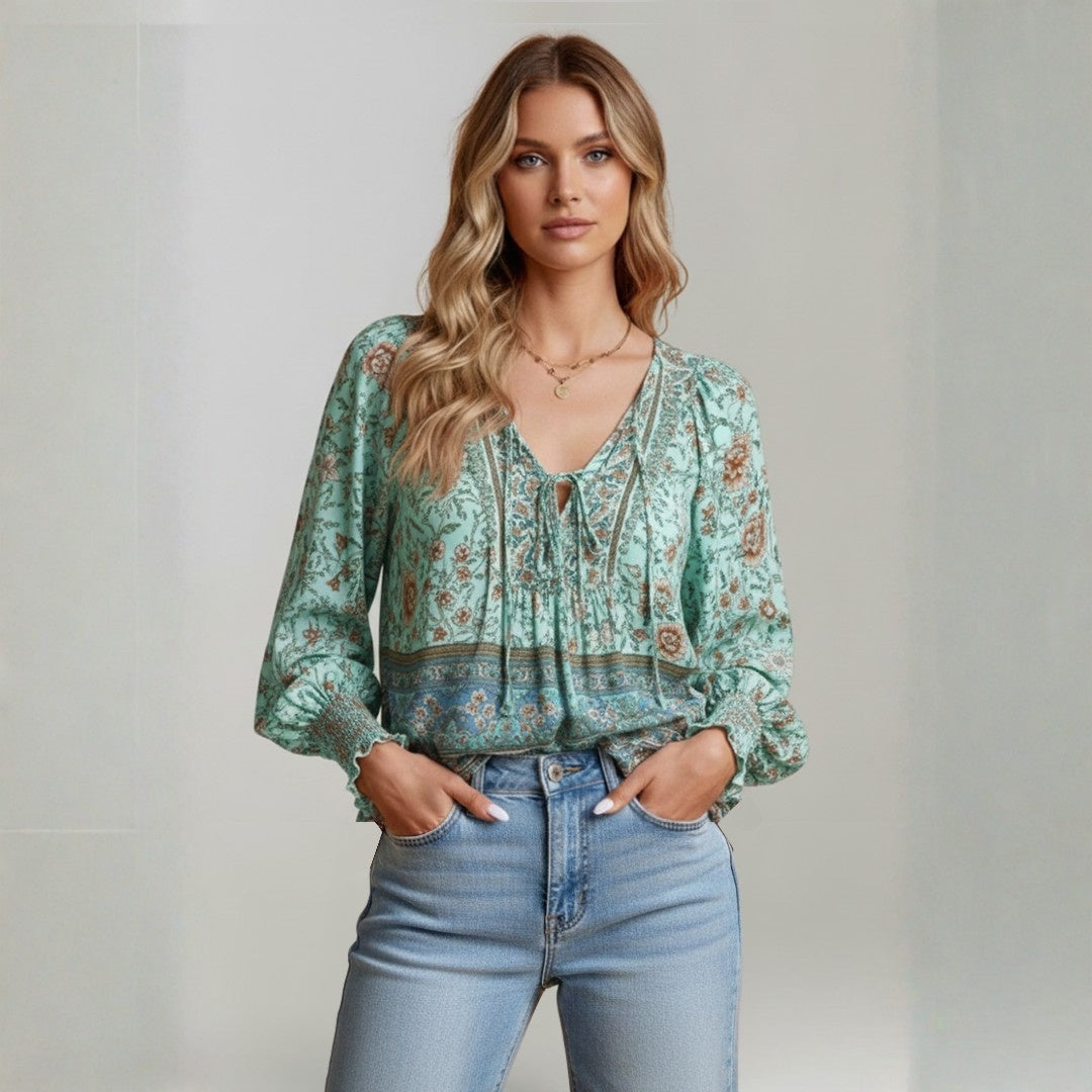 Blusa Mujer Estampado Floral Escote en V Lazo estilo Boho