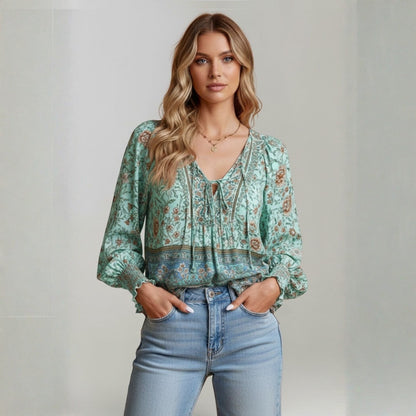 Blusa Mujer Estampado Floral Escote en V Lazo estilo Boho