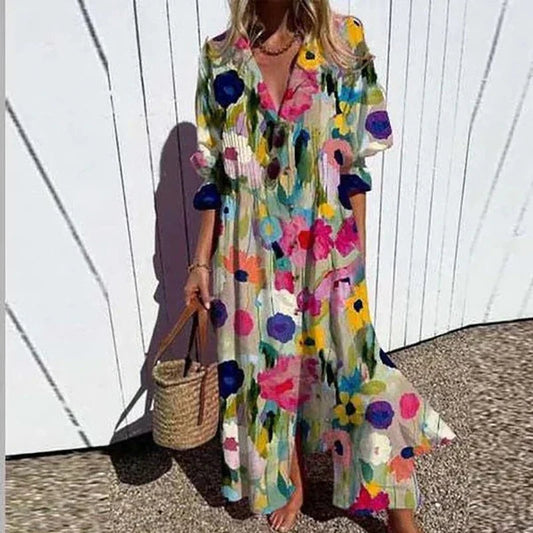 Vestido Largo Mujer de Verano Estampado Floral Escote en V - Mavetta