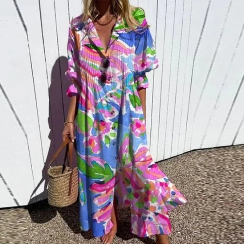 Vestido Largo Mujer de Verano Estampado Floral Escote en V