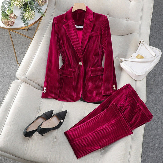 Conjunto Mujer Blazer y Pantalón Terciopelo Acanalado Elegante - Mavetta