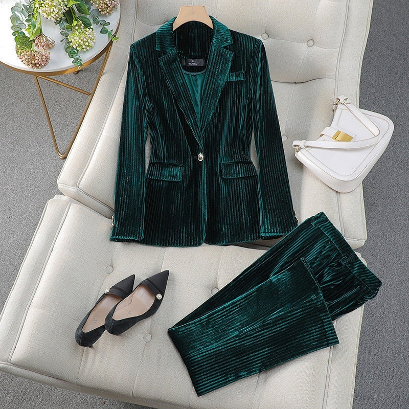 Conjunto Mujer Blazer y Pantalón Terciopelo Acanalado Elegante