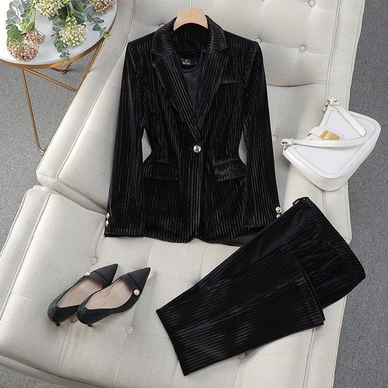 Conjunto Mujer Blazer y Pantalón Terciopelo Acanalado Elegante