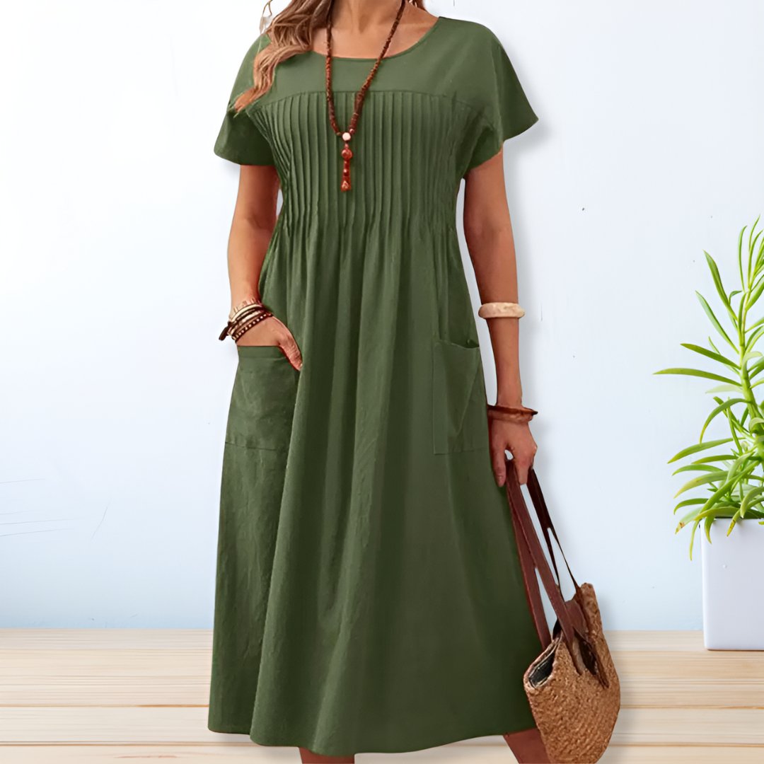 Vestido midi Mujer Plisado Bolsillos Corte Relajado - Mavetta
