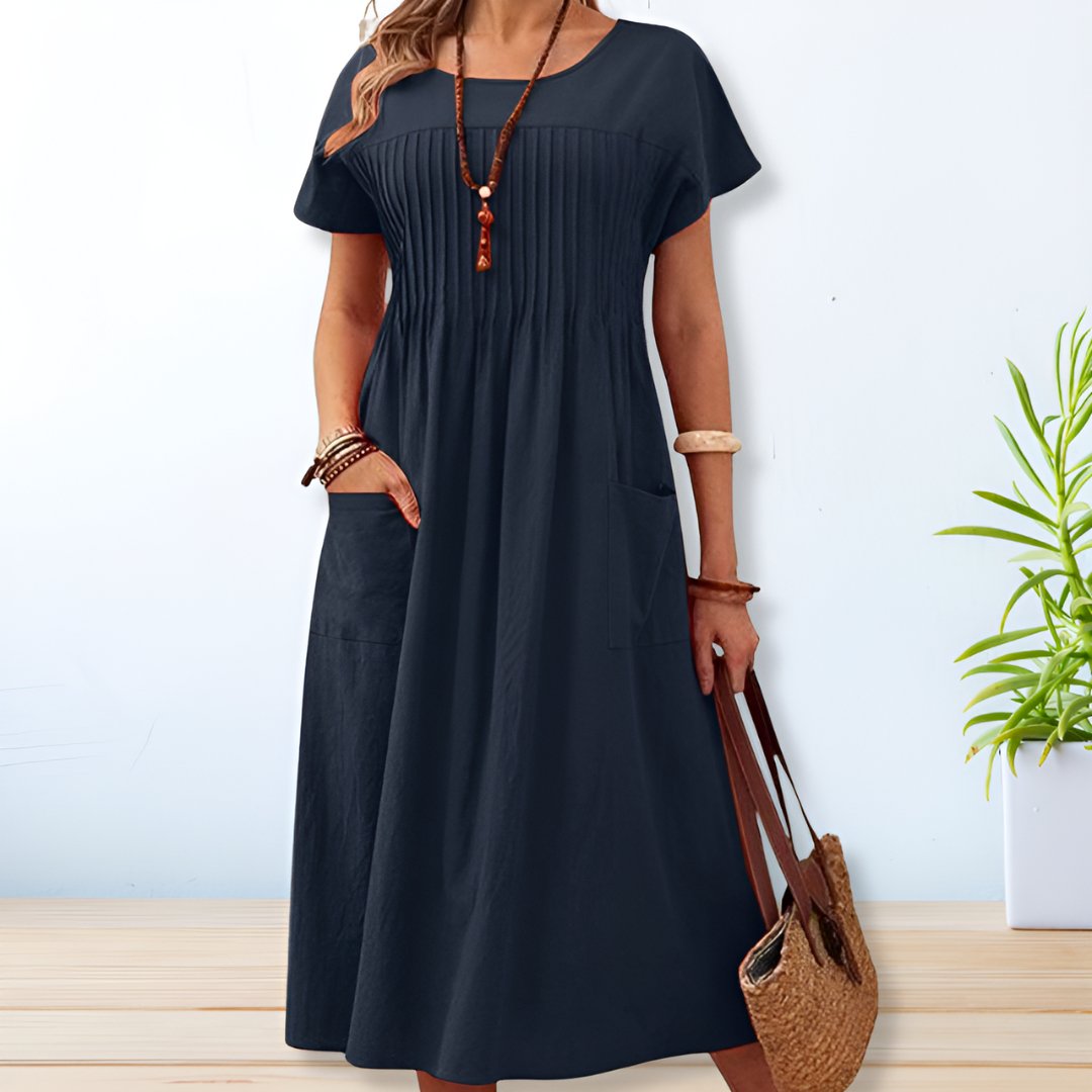 Vestido midi Mujer Plisado Bolsillos Corte Relajado