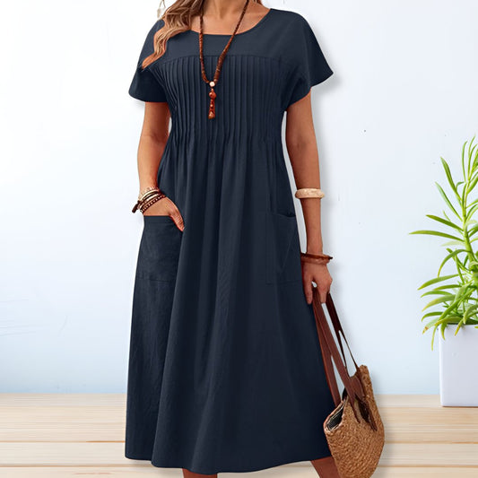 Vestido largo mujer Verano Pliegues Manga Corta - Mavetta
