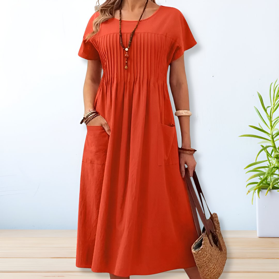 Vestido midi Mujer Plisado Bolsillos Corte Relajado