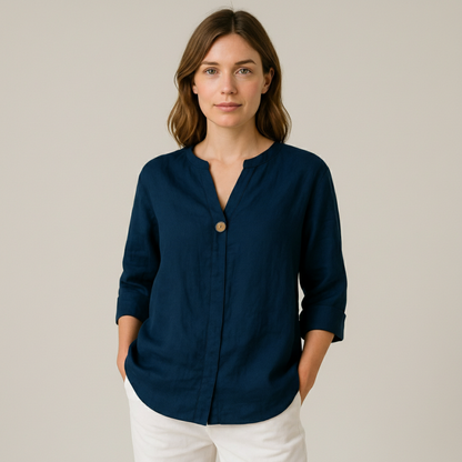 Blusa Mujer Cuello en V Botones Manga Remangada