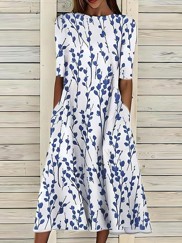 Vestido midi mujer Ligero Flores Costas Cuello Redondo - Mavetta