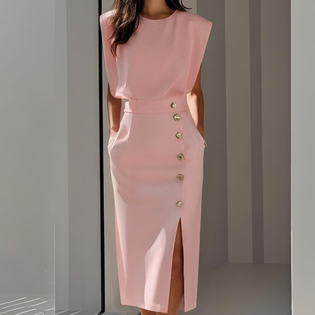 Vestido Midi Mujer Ajustado con Botones Sin Mangas