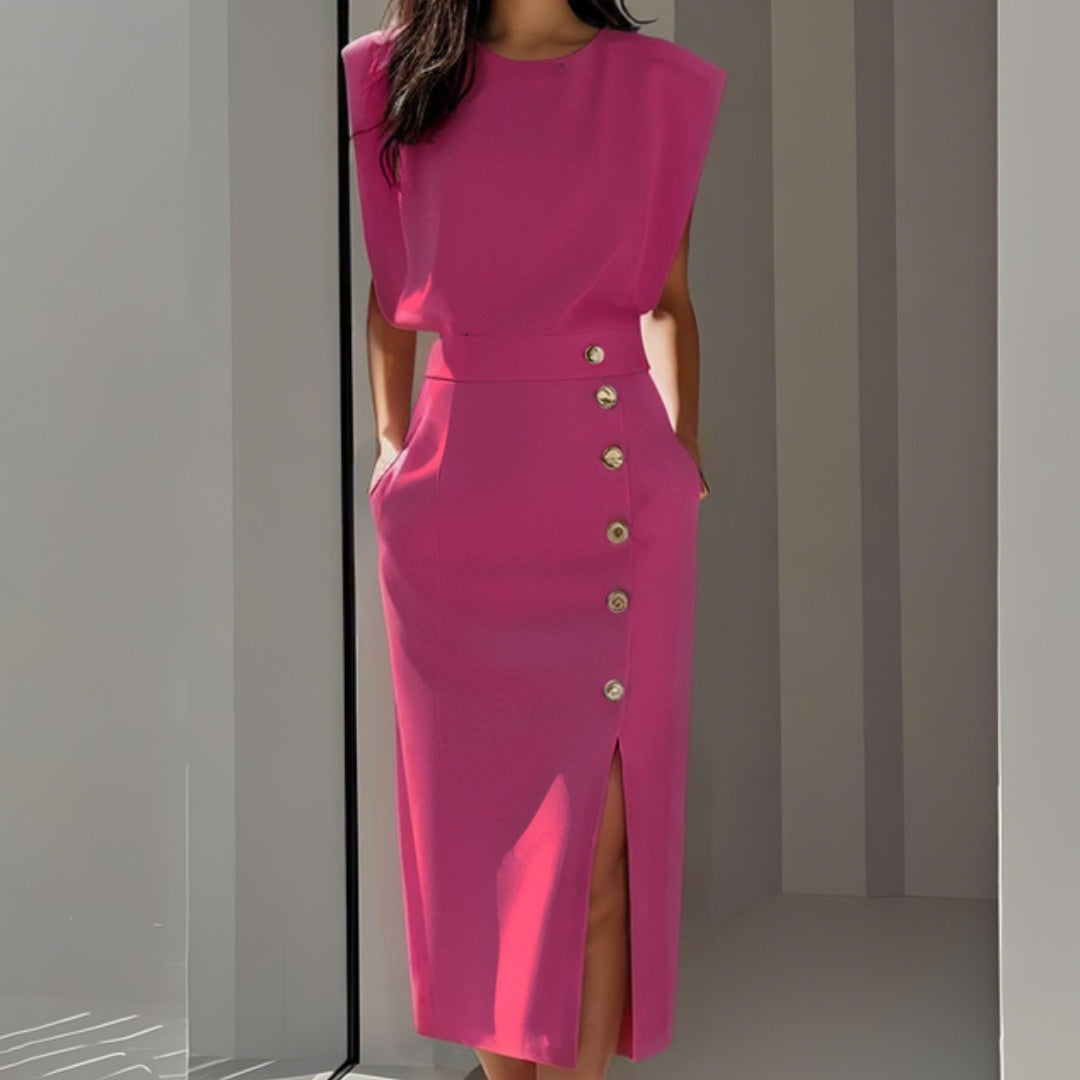 Vestido Midi Mujer Ajustado con Botones Sin Mangas
