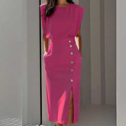 Vestido Midi Mujer Ajustado con Botones Sin Mangas