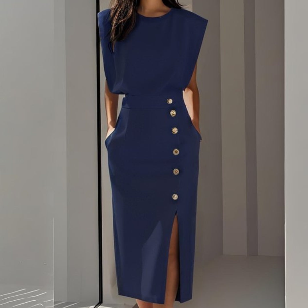 Vestido Midi Mujer Ajustado con Botones Sin Mangas