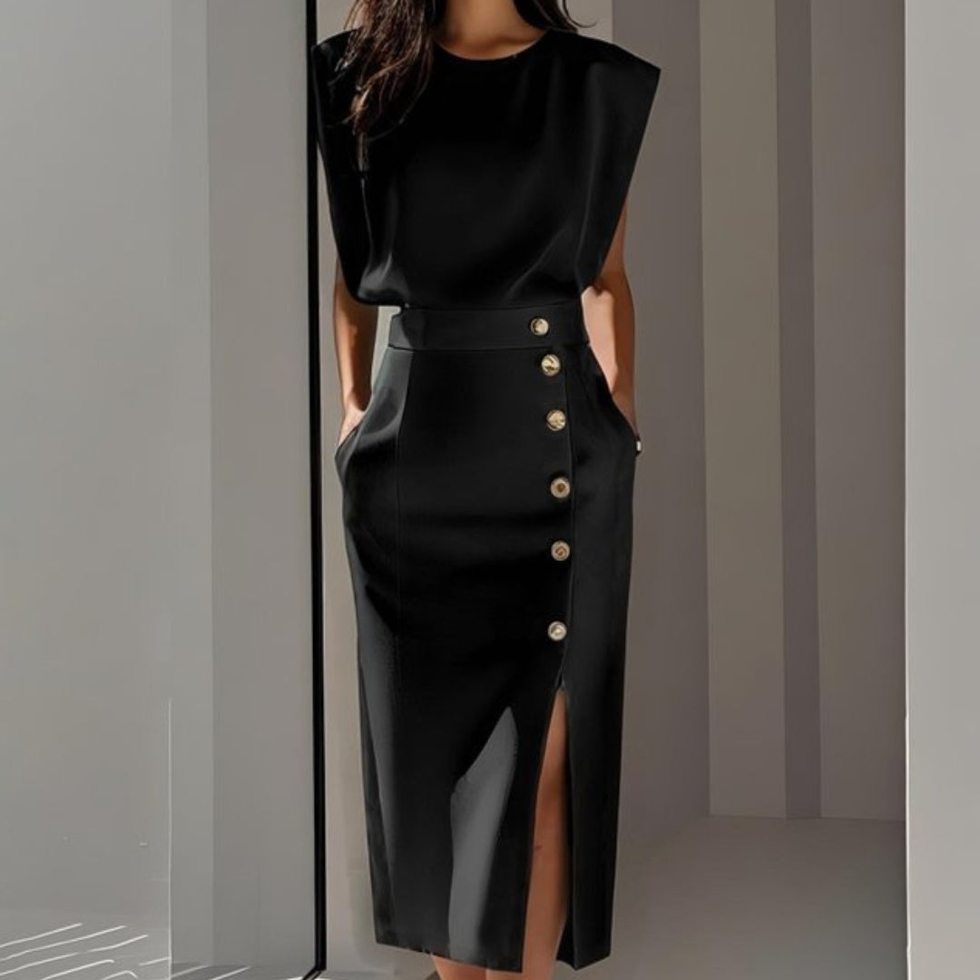 Vestido Midi Mujer Ajustado con Botones Sin Mangas