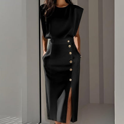 Vestido Midi Mujer Ajustado con Botones Sin Mangas