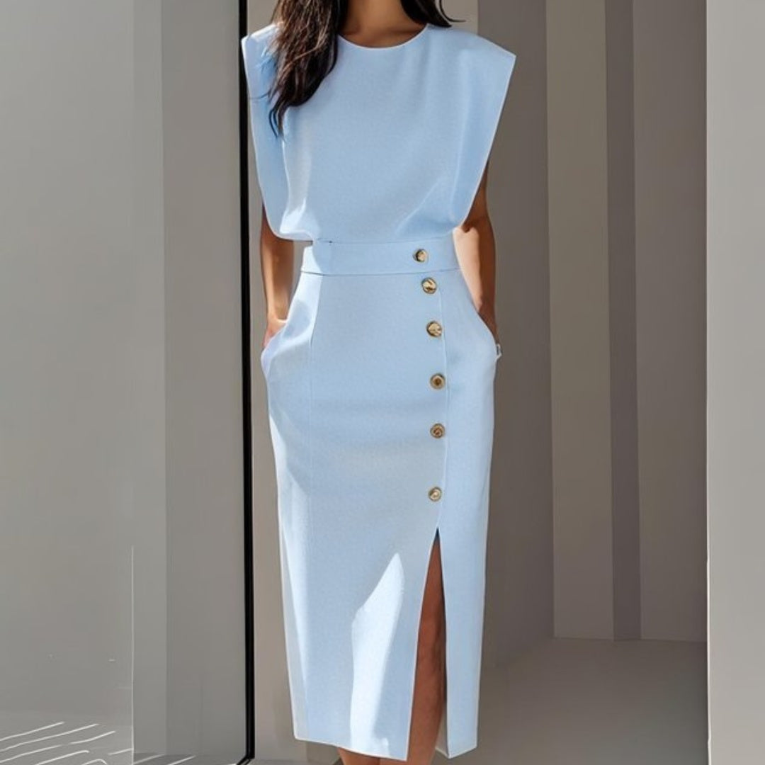 Vestido Midi Mujer Ajustado con Botones Sin Mangas