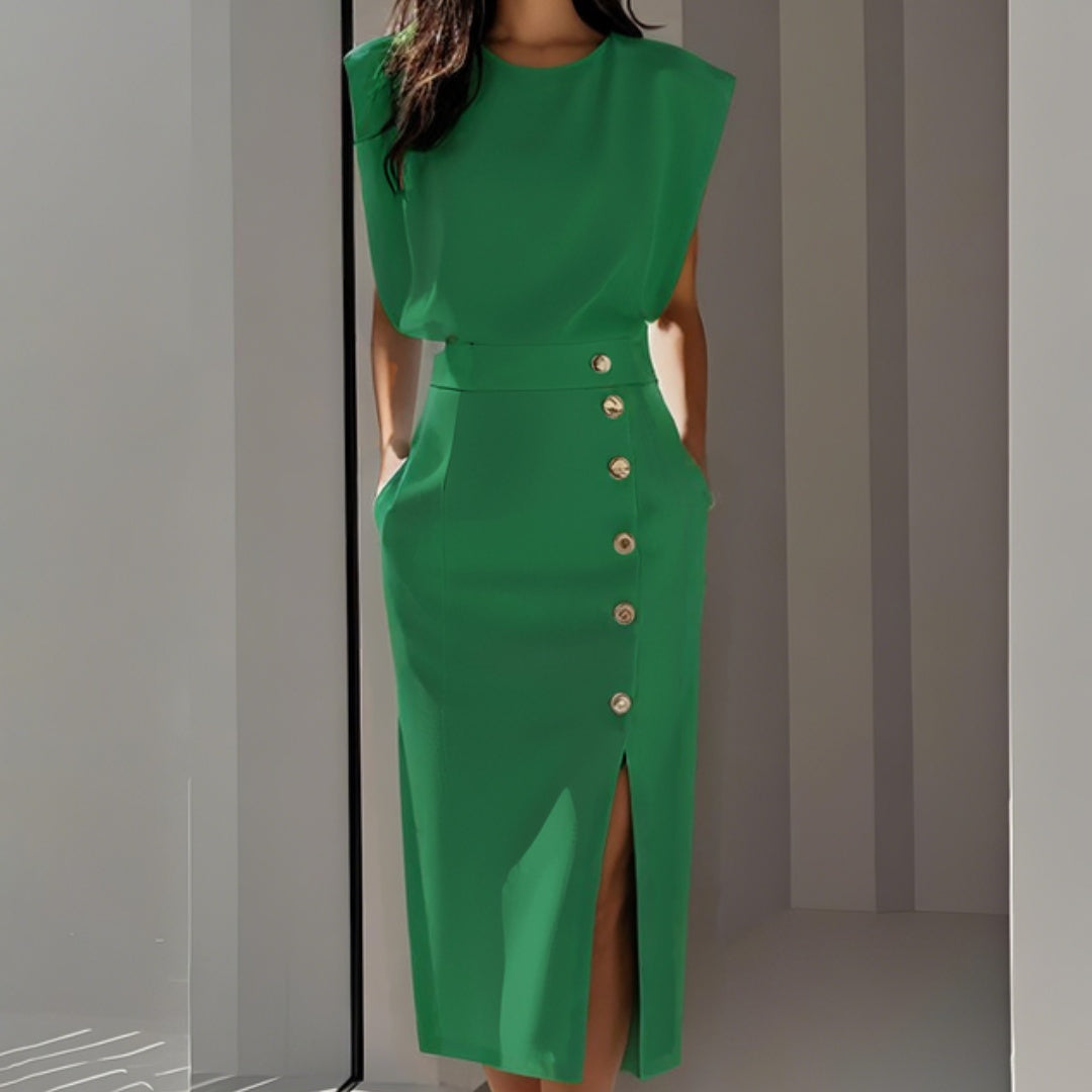 Vestido Midi Mujer Ajustado con Botones Sin Mangas
