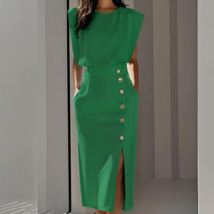 Vestido Midi Mujer Ajustado con Botones Sin Mangas