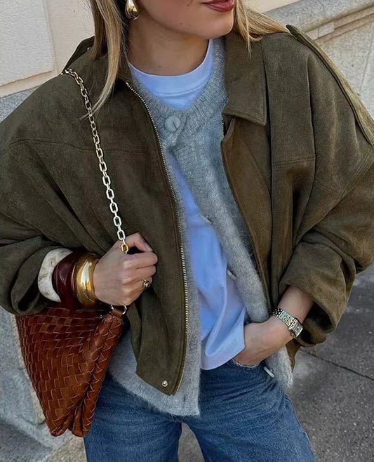 Chaqueta Bomber Mujer de Ante Estilo Oversize Cierre Cremallera - Mavetta