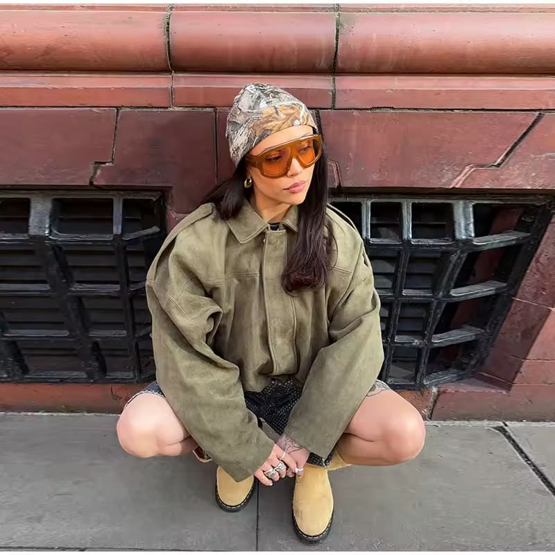Chaqueta Bomber Mujer de Ante Estilo Oversize Cierre Cremallera