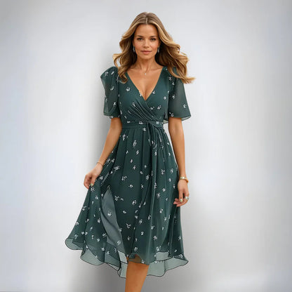 Vestido midi mujer con escote en V y mangas cortas - Mavetta