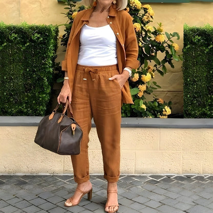 Conjunto Mujer Camisa y Pantalón de Lino Manga Larga