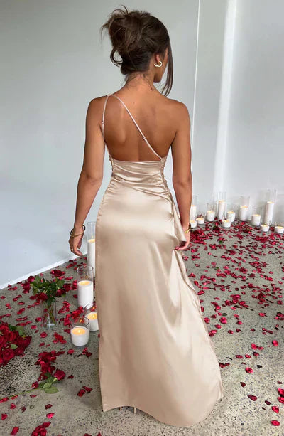 Vestido largo mujer de satén un hombro abertura alta