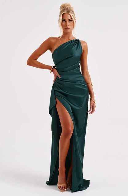Vestido Mujer de Satén Partido con Un Hombro