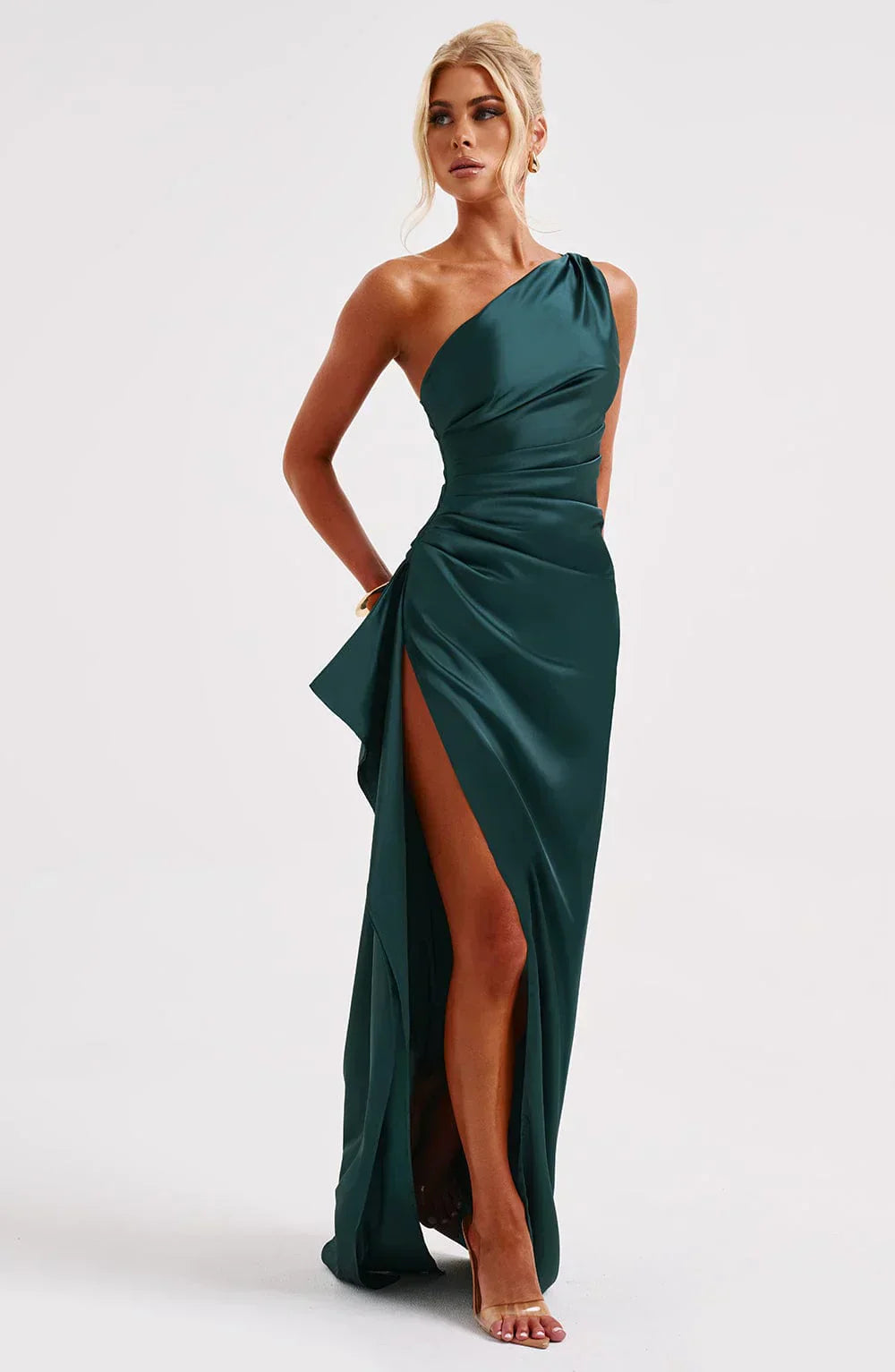 Vestido Mujer de Satén Partido con Un Hombro