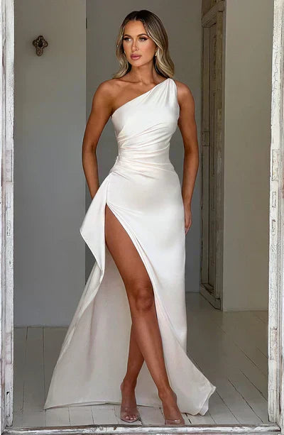 Vestido largo mujer de satén un hombro abertura alta