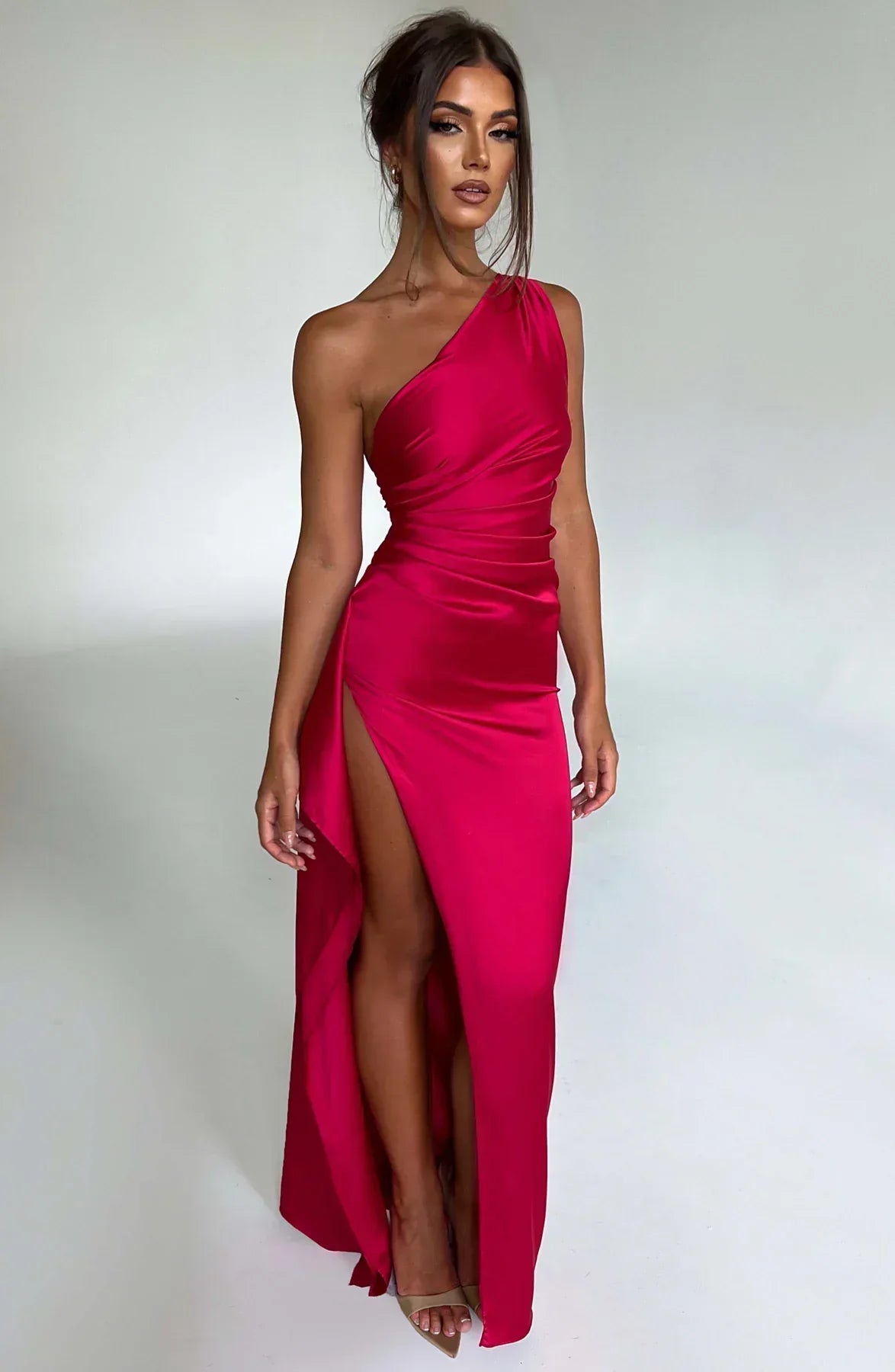 Vestido Mujer de Satén Partido con Un Hombro